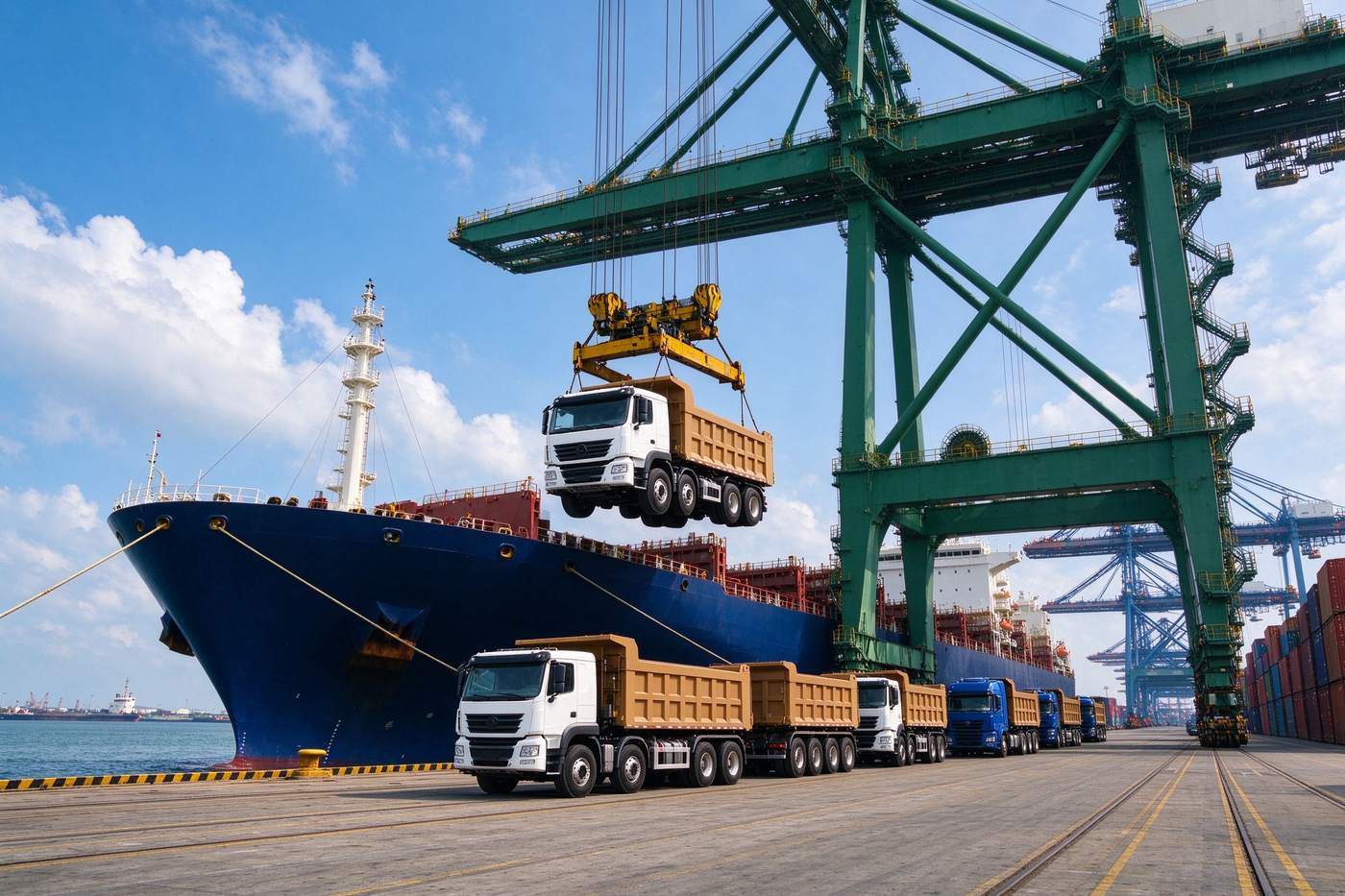Heavy trucks being loaded onto a cargo ship for export